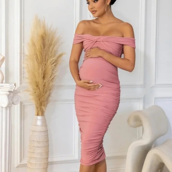 Club L London Pink Maternity Bardot Knot Ruched Cocktail Midi Dress Size US 10. - Picture 3 of 12
